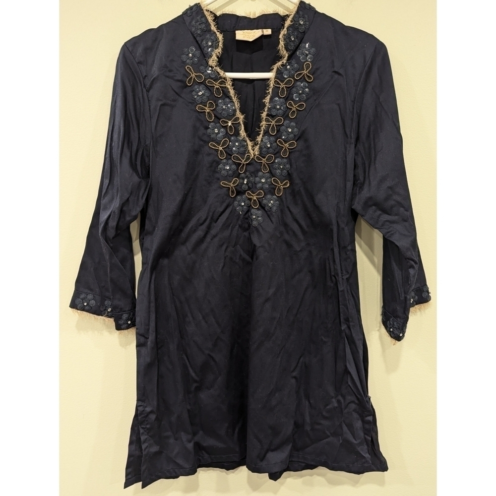 Rungolee Blue Fringe Detailed Notch Neck Tunic Size Small